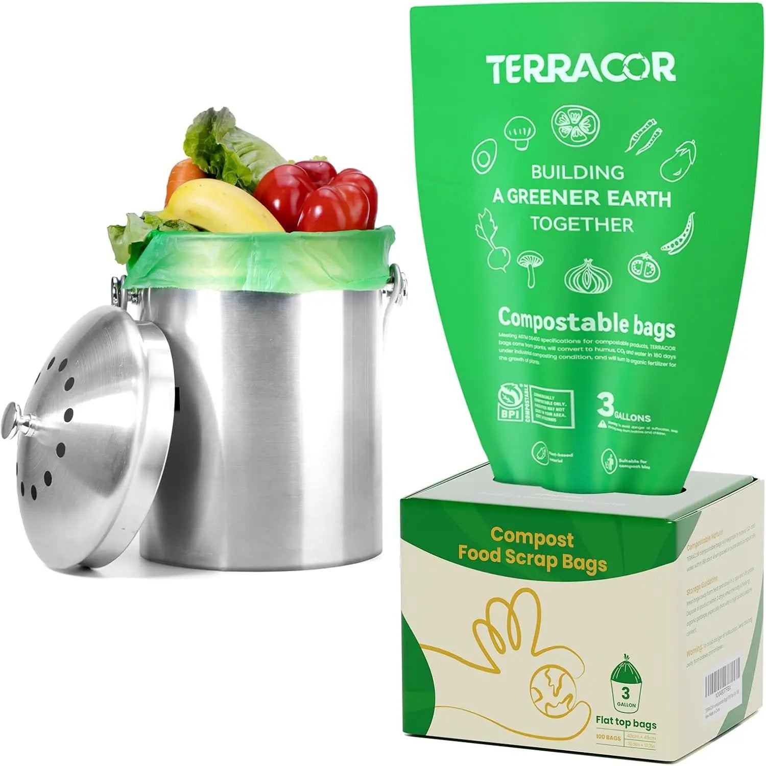 3 Gallon Compostable Trash Bags, 100 Bags Compost Bags for Countertop Bin, BPI Certified and Meet The ASTM D6400 Standard by GreenHaven Gardens