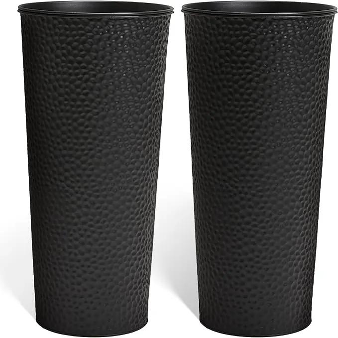 KOL 28" H. Tall Metal Cone Planters with Inside Pots 2-Pack, Black Hand-Hammered Large Decor Planter for Deck, Patio, Porch - Handcrafted Flower Pot - with Water Level Indicator - Indoor Outdoor Use by GreenHaven Gardens