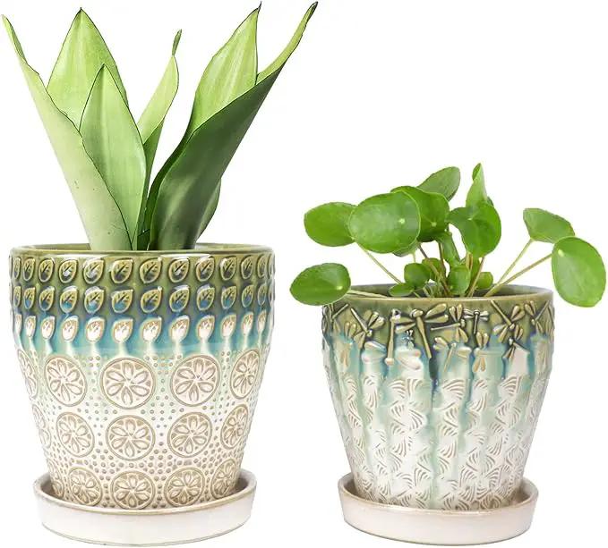 6 Inch + 5 Inch Ceramic Planter with Drainage Hole and Saucer for Plants, Indoor-Outdoor Round Succulent Orchid Garden Flower Pot - Set of 2 by GreenHaven Gardens