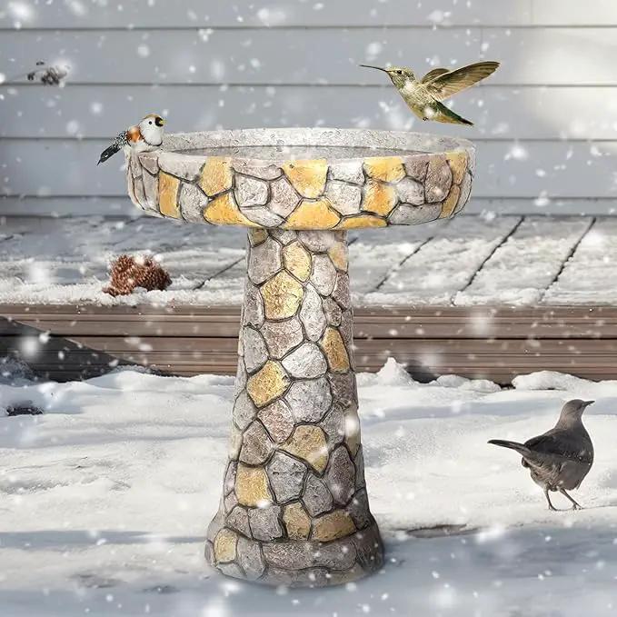 SKYFIRE Stone Like Outdoor Bird Bath - Concrete Freestanding Patio Birdbath with Pedestal for Garden, Patio, Yard, Lawn - 18.8”L X 18.8”W X 24”H Rustic Faux Stone Pedestal Outdoor Garden Birdbaths by GreenHaven Gardens