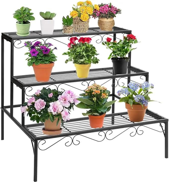 DOEWORKS 3 Tier Stair Style Metal Plant Stand, Garden Shelf for Large Flower Pot Display Rack Indoor Outdoor, Black by GreenHaven Gardens