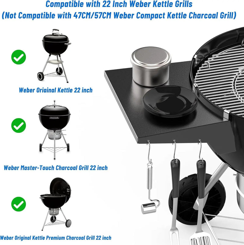 Charkettle Grill Table Shelf Compatible with Weber 22 Inches Kettle Grills, Outdoor Charcoal Grill Side Table BBQ Accessories with Hooks by GreenHaven Gardens