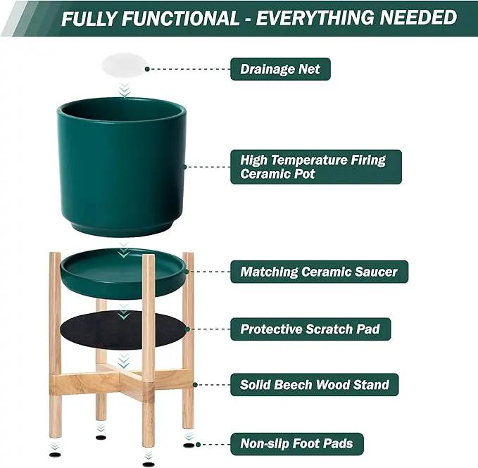 D'vine Dev Ceramic Planter with Natural Stand - 10 Inch Modern Round Flower Pot with Wood Planter Holder, Teal, 55-B-K-4 by GreenHaven Gardens