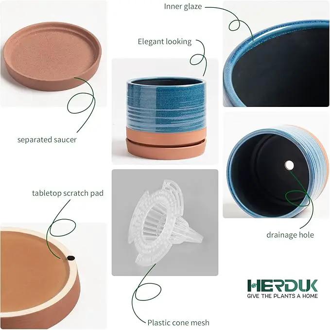 6 Inch Plant Pots, Ceramic Planter Pot with Drainage Hole & Saucer, Indoor/Outdoor Cylinder Round Planter Pot, Aqua Blue & Terracotta Red by GreenHaven Gardens