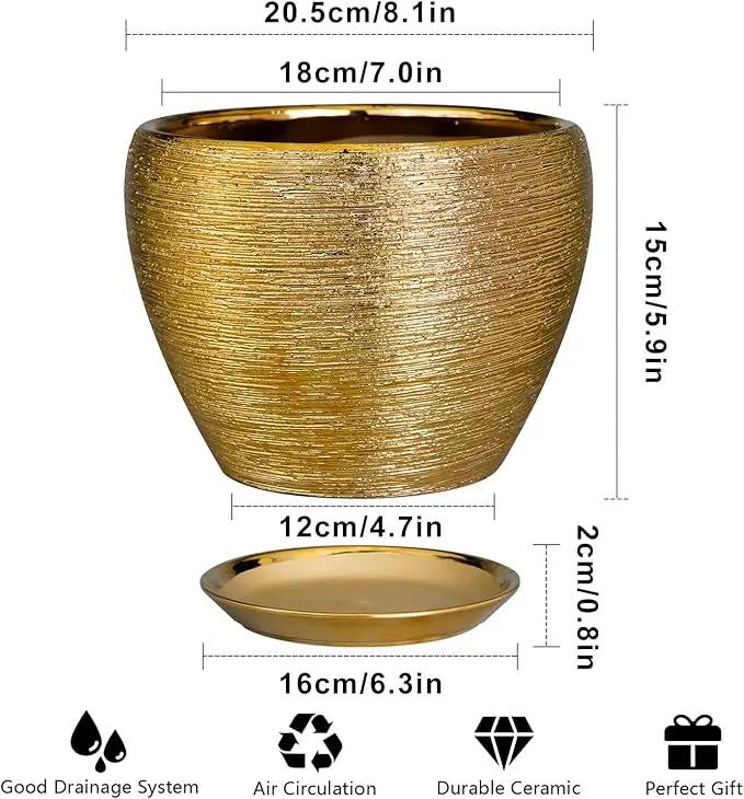 Ceramic Plant Pot 8 Inch - Planter for Outdoor Plants Indoor Plant Pot with Drainage Hole and Saucer Decorative Round Planter Modern Flower Pot for House Decor Gold by GreenHaven Gardens