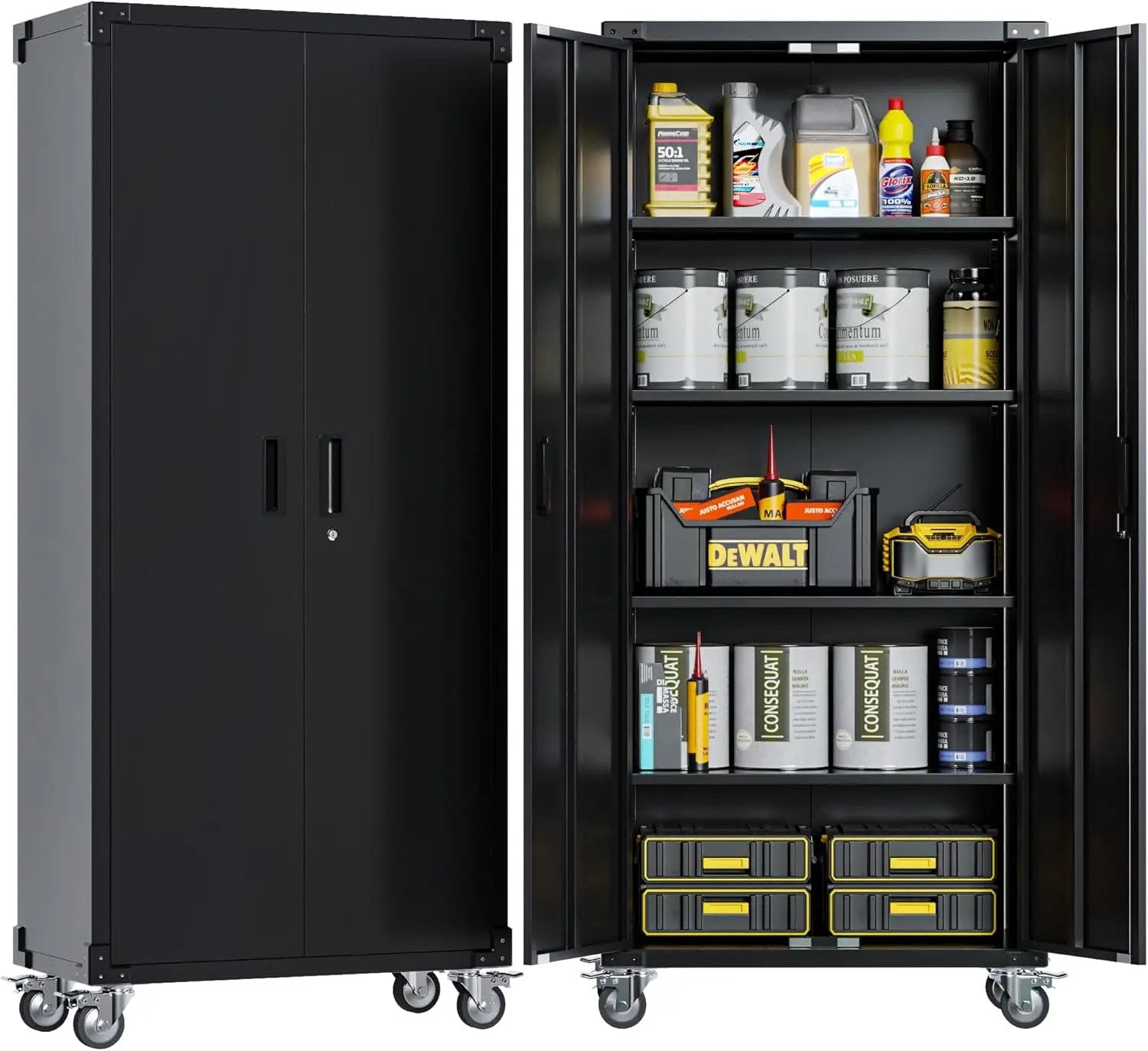 72" H Metal Storage Cabinet with 2 Doors and 4 Adjustable Shelves, Garage Storage Cabinet with Wheels for Garage Home, Required-Assembly,Black by GreenHaven Gardens