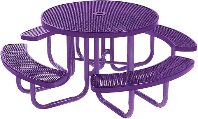 Heavy-Duty Portable Outdoor Picnic Table with Umbrella Hole, Punched Steel Commercial-Grade Patio Furniture Made in America (46" Round Top, Purple with Purple Frames) by GreenHaven Gardens