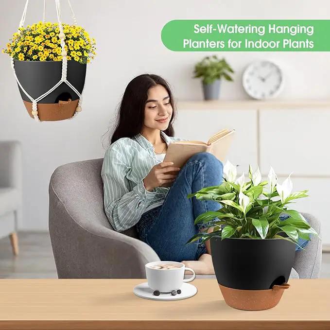 Hanging Planters for Indoor Outdoor Plants, 2 Pack Self Watering Hanging Pot with Drainage Holes, Removable Tray & 2 Kinds of Plant Hangers, 10'' Hanging Flower Pots for Home Garden Decor, Black by GreenHaven Gardens