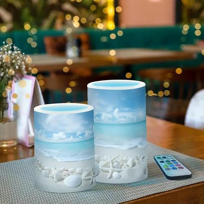 Flickering Flameless Candles, Starfishes Seashells Beach Blue Sky LED Candles with Remote Timer, Set of 2 Battery Operated Candle for Valentine Wedding Birthday by GreenHaven Gardens