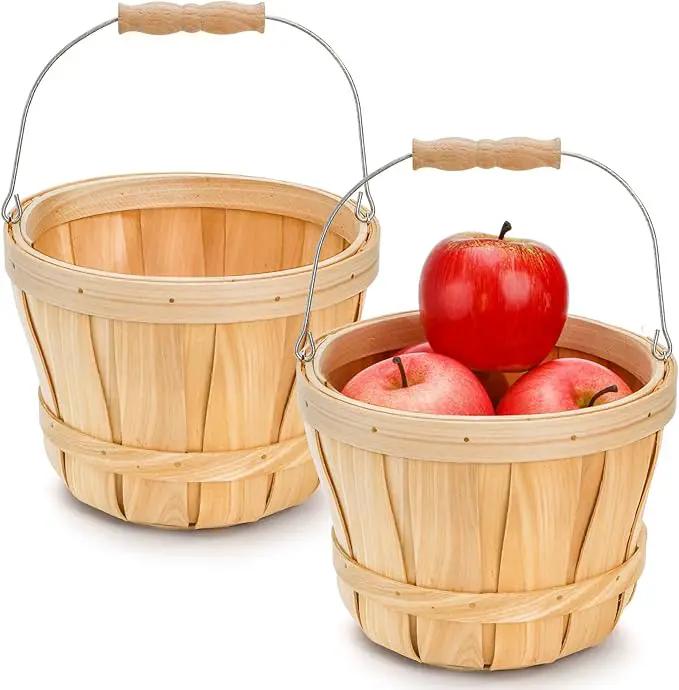 Okllen 2 Pack Round Wooden Baskets with Handle, Empty Wood Fruit Buckets, Easter Basket Fall Harvest Basket for Display Fruits Vegetables, Home Garden and Party Supplies, Natural Color by GreenHaven Gardens