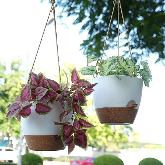 10 Inch Self Watering Hanging Pots, 2 Pack Hanging Planters with 40oZ Deep Reservior for Indoor Outdoor Plants Flowers, White with Brown by GreenHaven Gardens