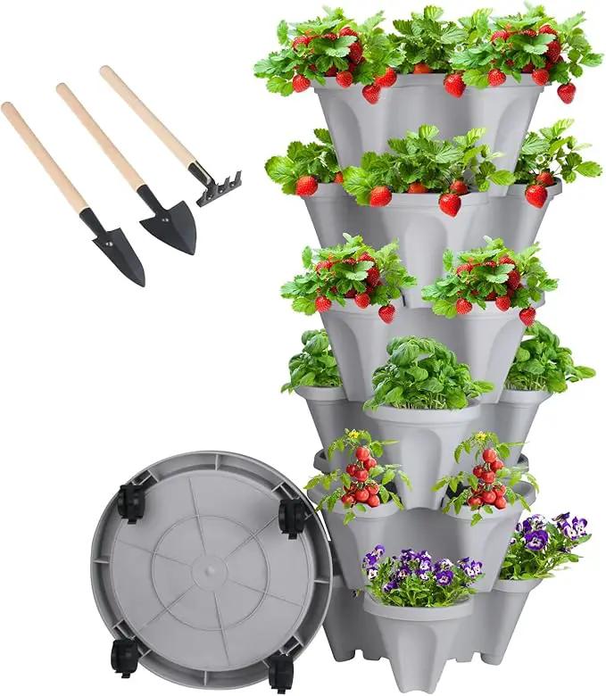 Vertical Planter 6 Tier Stackable Planters Garden Planters Strawberry Herb Flower and Vegetable Planter Indoor Outdoor Gardening Pots with Removable Wheels and Tools by GreenHaven Gardens