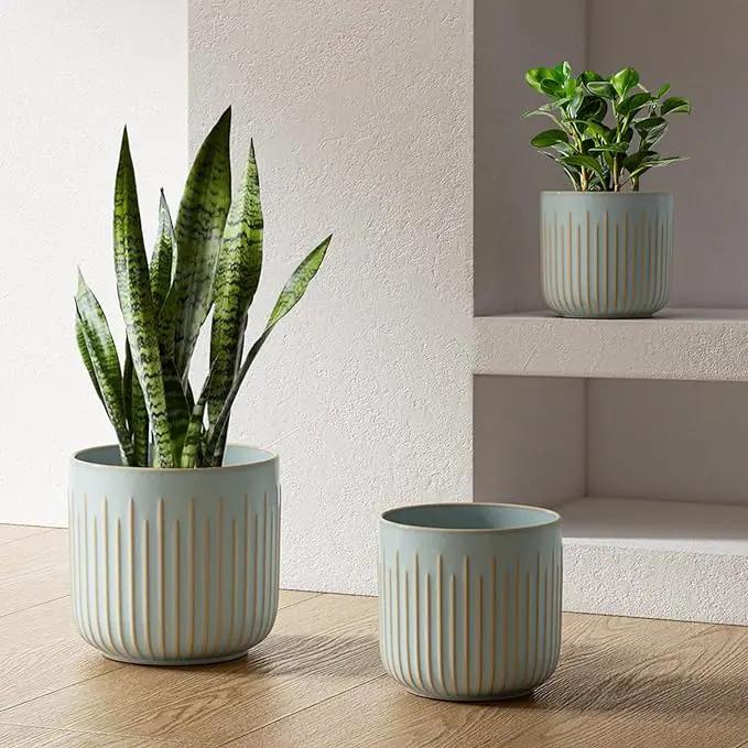 LE TAUCI Fluted Ceramic Planters Set of 3 – 8.3/7 / 5.7 in Blue Gray Reactive Cylinder Indoor Plant Pots with Drainage Plug & Mesh, Glossy Stoneware Flower Pots for Succulents Herbs by GreenHaven Gardens