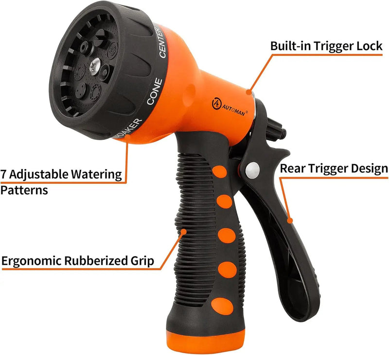 AUTOMAN-Garden-Hose-Nozzle,ABS Water Spray Nozzle with Heavy Duty 7 Adjustable Watering Patterns,Slip Resistant for Watering Plants,Lawn& Garden,Washing Cars,Cleaning,Showering Pets - Orange by GreenHaven Gardens