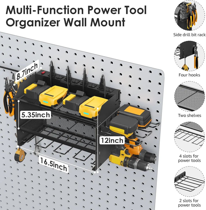 CCCEI Modular Power Tool Organizer Wall Mount Charging Station, Black 6 Drills Holder with 8 Plug Power Strip, Garage Drill Battery Heavy Duty Metal Shelf, Utility Rack with Hooks, Side Storage. by GreenHaven Gardens