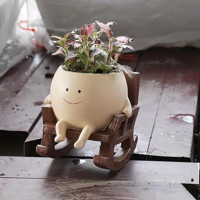 Smily Face Planter Pot Cute Resin Flower Head Planters for Indoor Outdoor Unique Sit Rocking Chair Succulent Pots Gift IdeaI for Mother and Appreciation Christmas with Drainage Hole by GreenHaven Gardens