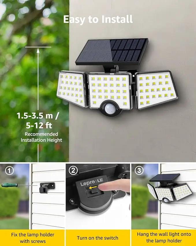 LE Solar Lights for Outside, Solar Lights Outdoor with Motion Sensor, WL4000 High Brightness, 3 Adjustable Heads 270° Wide Lighting Angle, IP65 Waterproof, Wireless Wall Lamp for Yard Garage by GreenHaven Gardens