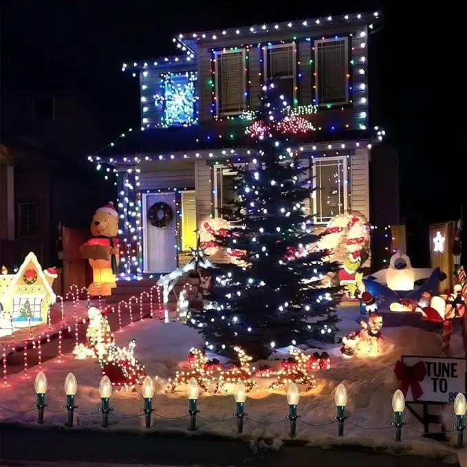 C9 Christmas Pathway Lights Outdoor, 38Ft 25 C9 Incandescent Warm White Pathway Marker Stakes Waterproof for Walkway Lawn Sidewalk Driveway Holiday by GreenHaven Gardens