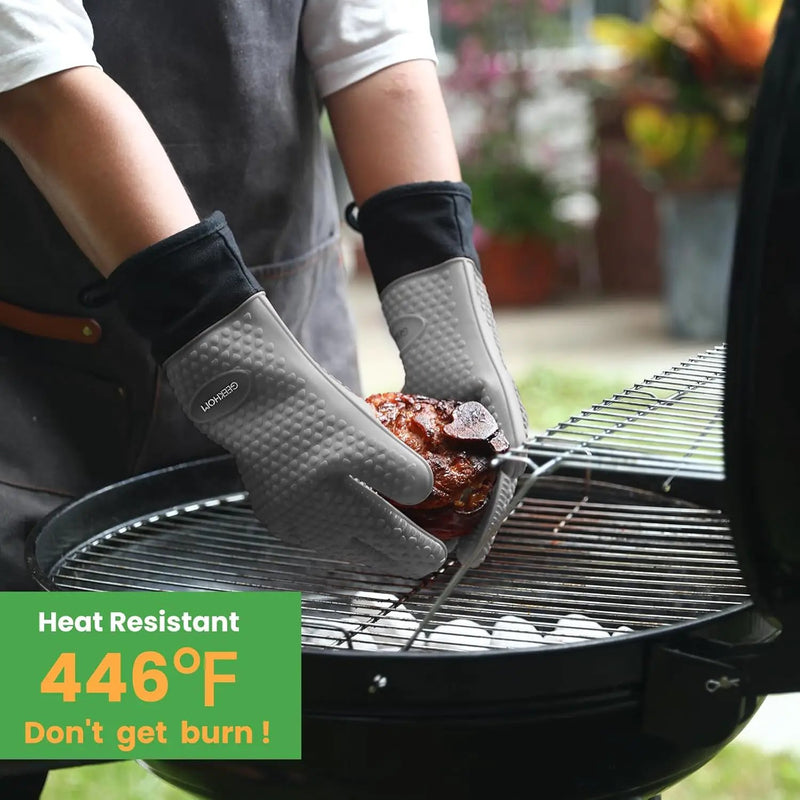 GEEKHOM BBQ Gloves Heat Resistant Oven Mitts - Silicone Grilling Gloves with 13.7" Arm Protection - Waterproof Pot Holder Non-Slip for Men & Women, Kitchen Outdoor Cooking, Baking, Camping, Light Gray by GreenHaven Gardens