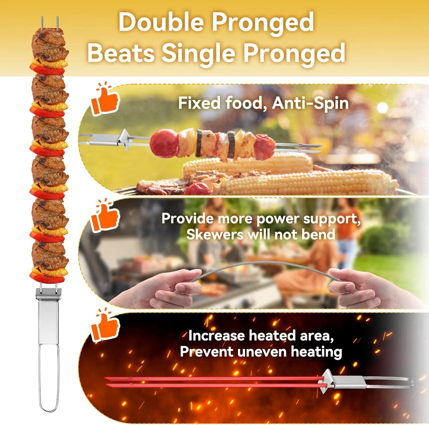 Skewers for Grilling - 13" Kabob Skewers with Push Bar Double Pronged Anti-Roll Metal Skewer for Kabobs, Stainless Steel Reusable BBQ Skewer for Grilling,Ideal for Meat Shrimp Vegetable 6pcs by GreenHaven Gardens