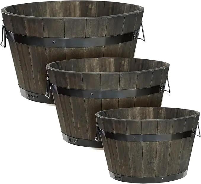 IDZO Set of 3 Wooden Flower Planters for Outdoor Plants, Acacia Wood Barrel Planters, Ergonomic Handles, Drainage Holes, Various Sizes, Black by GreenHaven Gardens