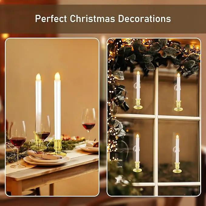 12 Pack Christmas Window Candles, Battery Operated Window Candles with Timer Remote, Candle Holder Suction Cup for Christmas Decorations, Gold by GreenHaven Gardens