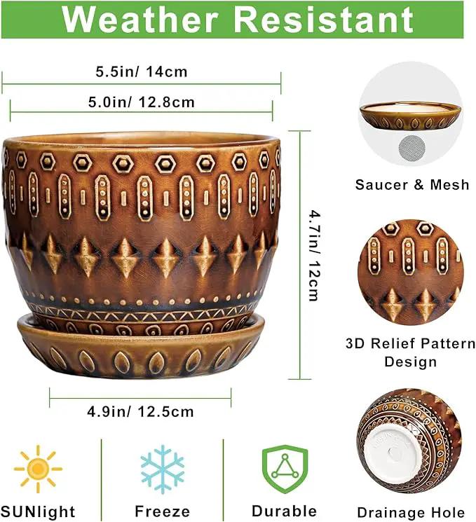 G EPGardening 5.5 Inch Plant Pot - Ceramic Planter for Indoor Outdoor Plants, Boho Round Indoor Flower Pot with Drainage Hole and Saucer, Housewarming Gifts, Garden Home Room Decor, Brown by GreenHaven Gardens