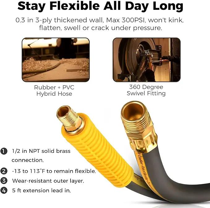 Double Arm Air Hose Reel 50 ft Retractable, 1/2 in Hybrid Hose Heavy Duty Steel Professional Air Compressor Hose Reel with 5 ft Lead in Max 300PSI Auto Rewind Quick Coupler Swivel Fitting by GreenHaven Gardens