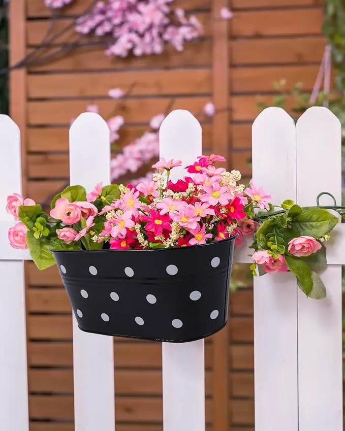 vensovo Metal Railing Planter for Outdoor Plants - 3 Pack Balcony Hanging Flower Pots with Detachable Hooks and Drain Holes Oval Bucket Rail Box Fence Planters for Home Garden Decor, Black with Spot by GreenHaven Gardens