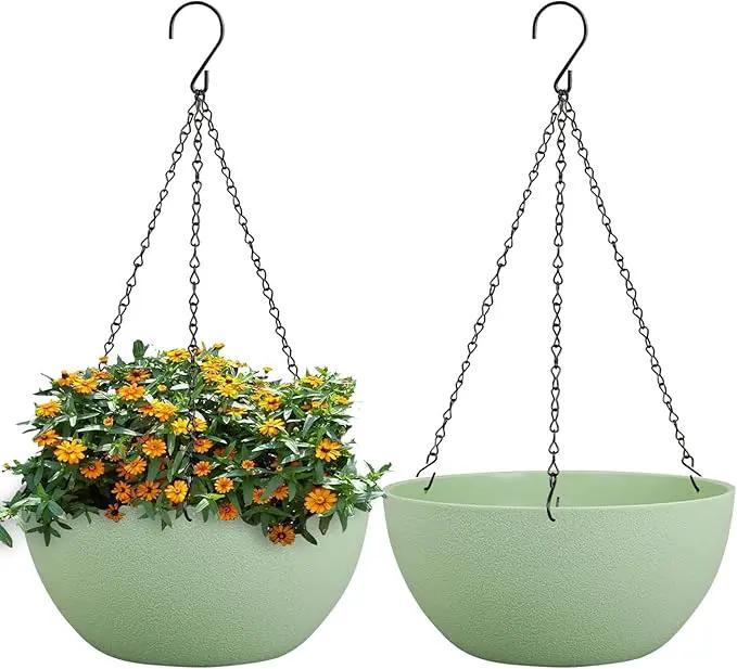 10 inch Hanging Planters for Outdoor Indoor Plants with Drainage Holes and Chain, 2 Pack Round Hanging Flower Pots for Garden Home Porch Decor,Green by GreenHaven Gardens