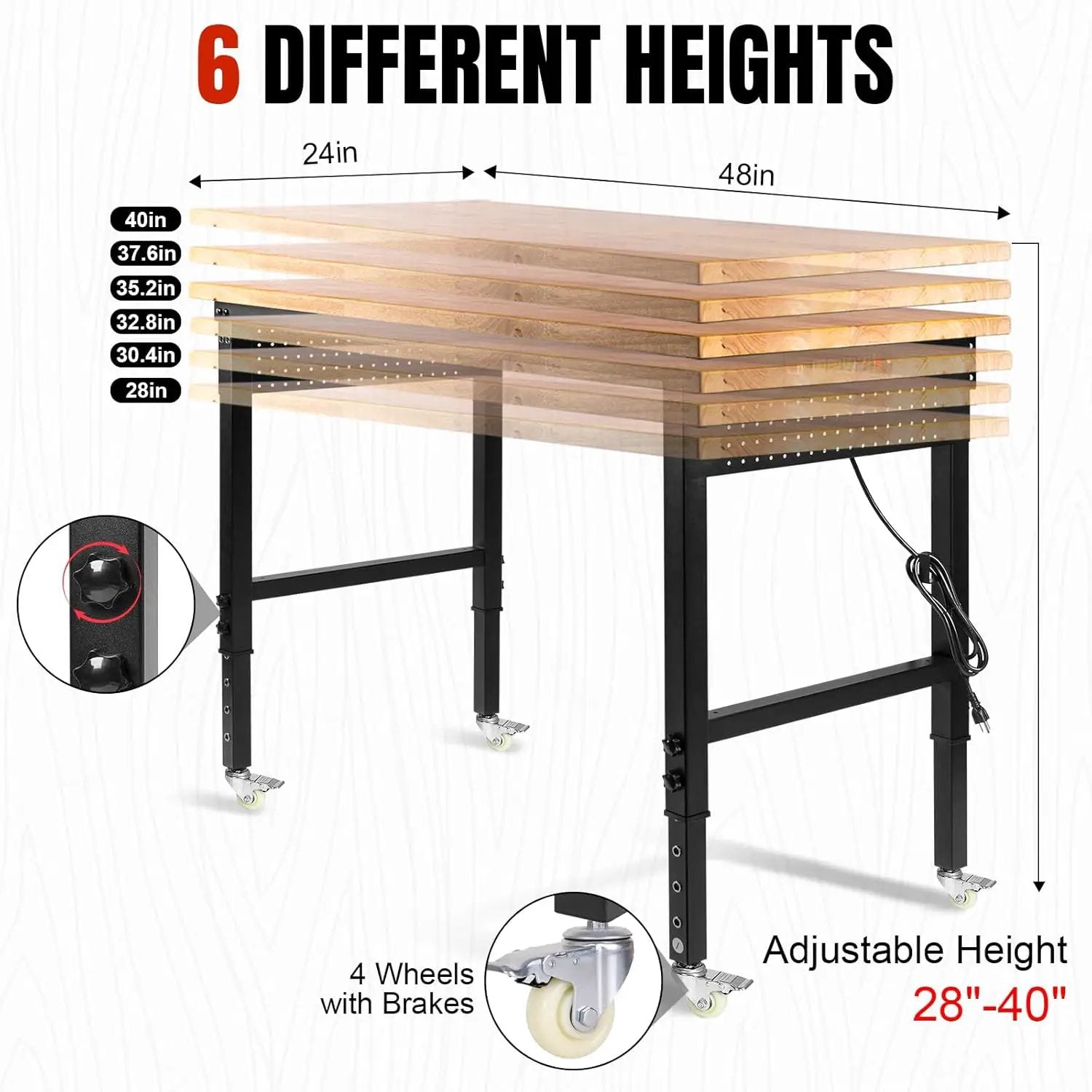 Adjustable Height Workbench, Heavy Duty Table Rubber Wood Workstation with Power Outlet & Pegboard for Garage, Office, Workshop, Home,Commercial (48"×24"|Wheels) by GreenHaven Gardens