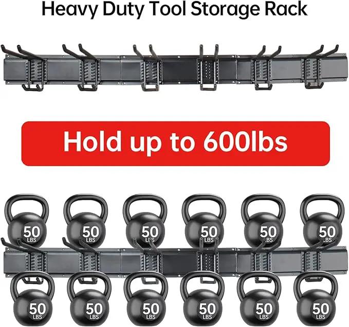 Garage Storage Rack Hooks, 48 Inch Heavy Duty Wall Mount Garage Organization with 3 Rails and 6 Adjustable Double Wall Hooks,Hanging Shelves for Garden Tool/Broom/Mop(Black) by GreenHaven Gardens