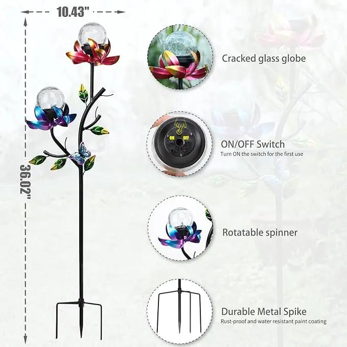 VCUTEKA Solar Garden Light Solar Flowers Light with LED Crackle Glass Globe Solar Lights Outdoor Metal Garden Stake Wind Spinner for Garden Decoration, Patio Decor, Yard Decor and Gift for Mother by GreenHaven Gardens