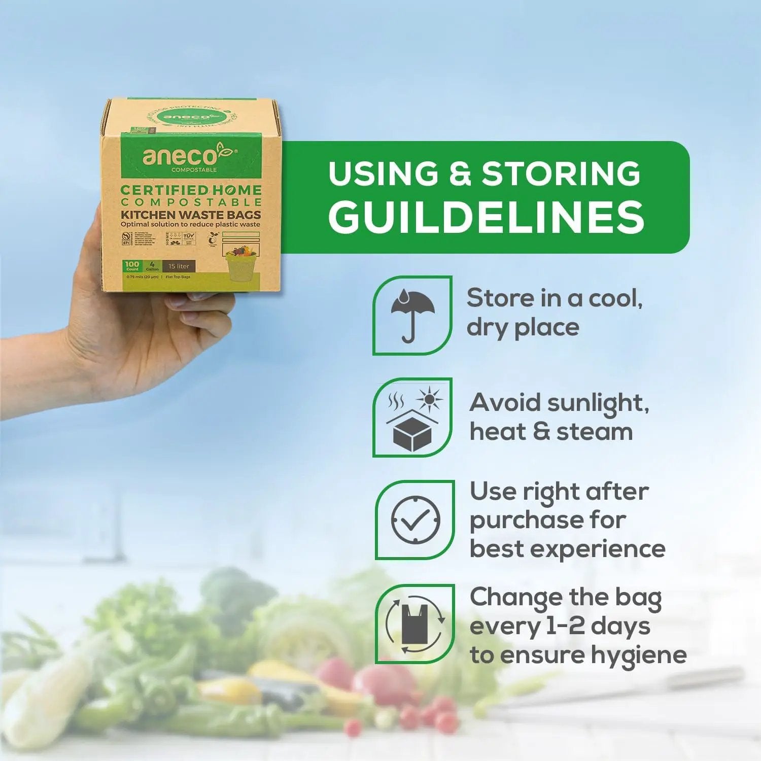 ANECO Compostable Trash Bags 4 Gallon (Flat-Top, 100 Count), Extra Strong for Medium Kitchen Garbage, OK Compost HOME & BPI Certified Compostable by GreenHaven Gardens