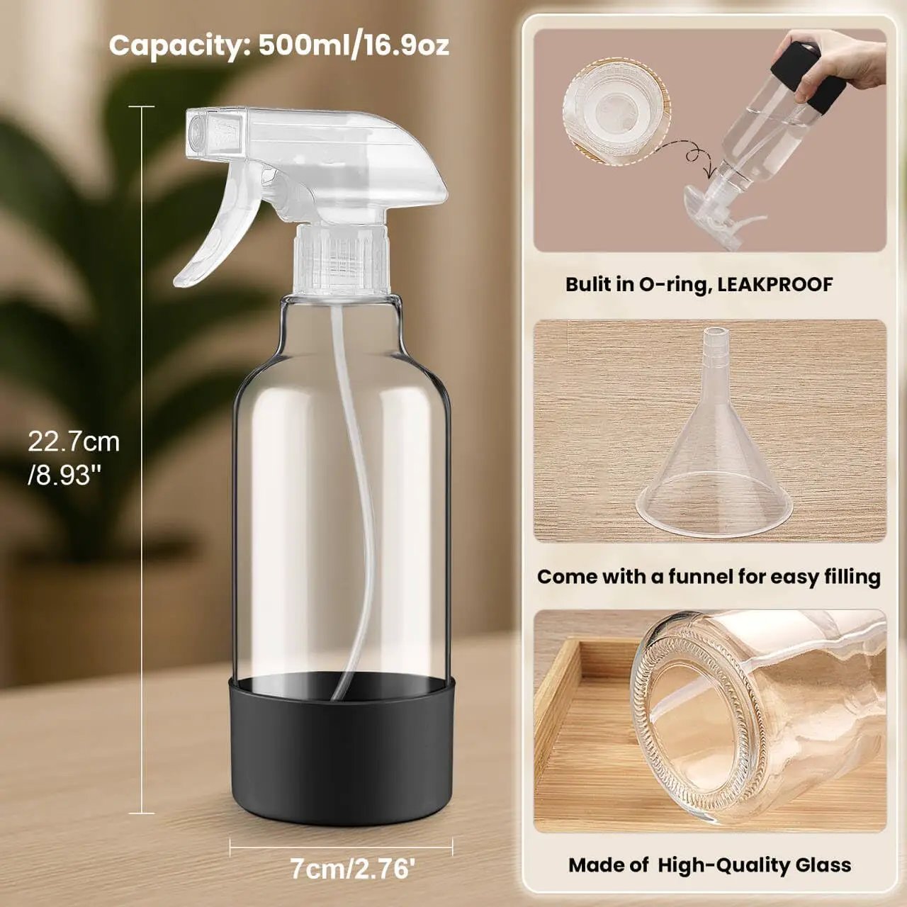 Glass Spray Bottles with Silicone Sleeve 16.9oz 2 Pack Empty Spray Bottle for Hair Mist/Stream Spraying for Cleaning Solutions, Plants, Essential Oils (clear-grey&black) by GreenHaven Gardens