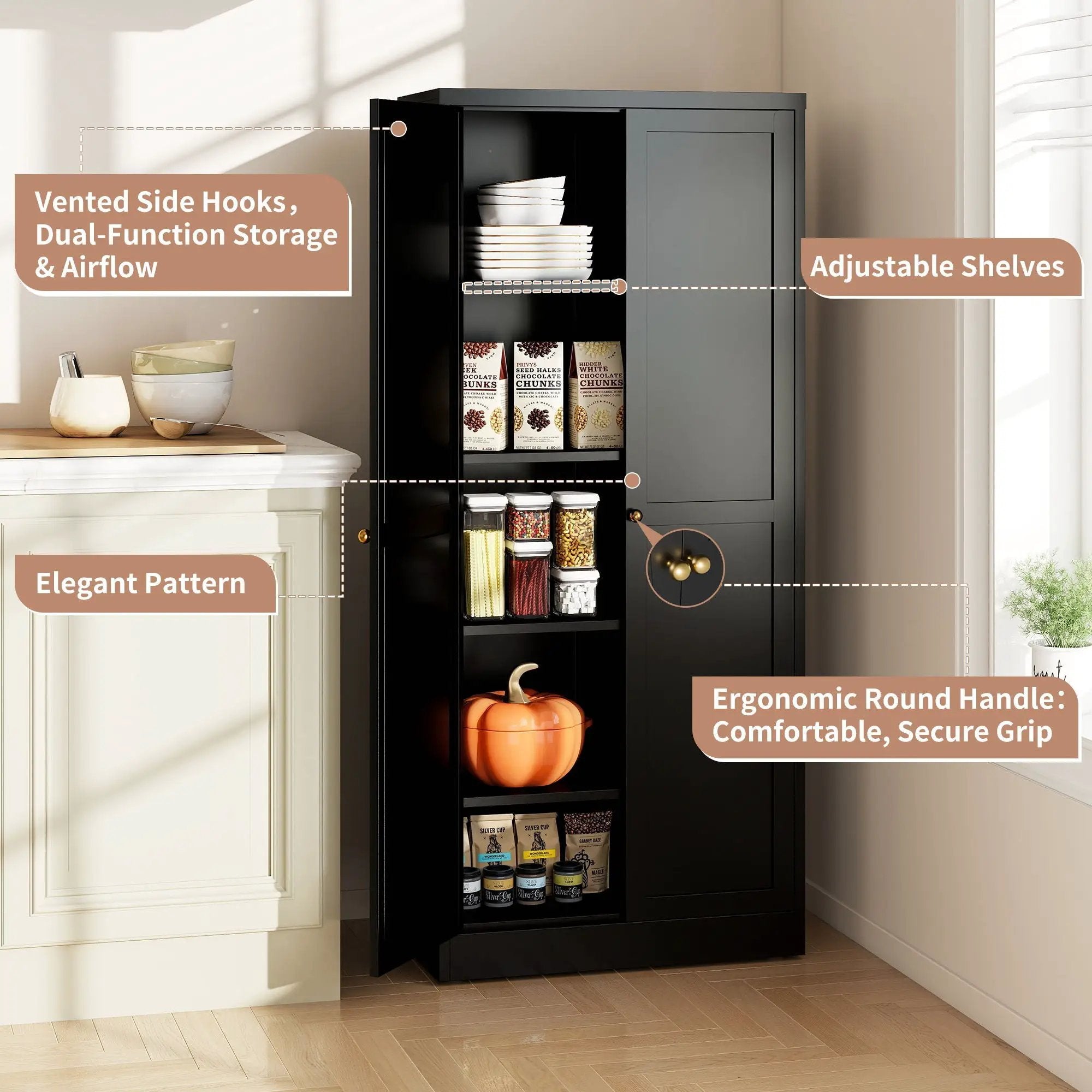 Kitchen Pantry Cabinet With 4 Adjustable Shelves, Heavy Duty Freestanding Organizer by Unique Piece Furniture