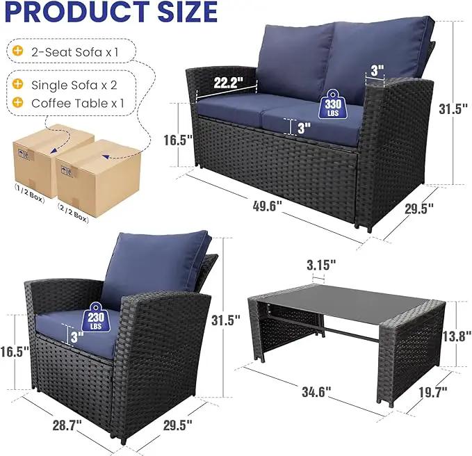 5 Piece Patio Furniture Set with 43" Propane Fire Pit Table, Outdoor Wicker Conversation Set, Rattan Modern Sectional Sofa Couch with Coffee Table for Backyard Porch Garden Poolside, Black-Blue by GreenHaven Gardens