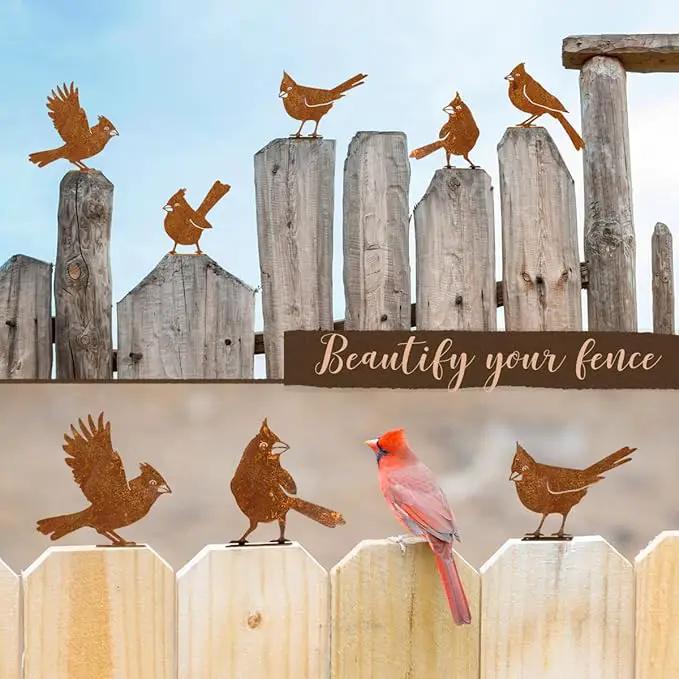 5PCS Rusty Birds Decoration, Fence Decorations Outdoor, Metal Birds Yard Decor Perfect Yard Art and Large Outdoor Ornaments, Cardinal Gifts by GreenHaven Gardens