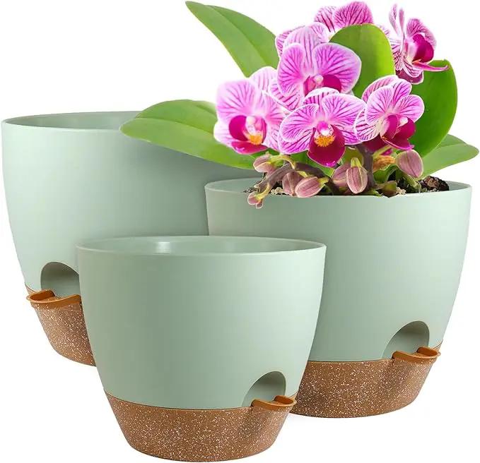 10/9/8 inch Self Watering Pots, Planter, Plant Pots with Mesh Drainage Holes for Indoor Outdoor Garden Plants, Plastic Flower Pots with Deep Reservoir for House Plants, Green with Brown by GreenHaven Gardens