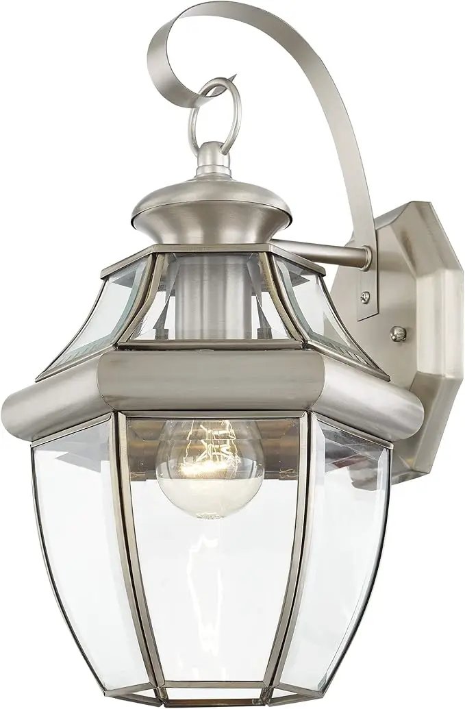 Livex Lighting 2151-91 Monterey 1 Light Outdoor Brushed Nickel Finish Solid Brass Wall Lantern with Clear Beveled Glass 13" x 8.5" x 8.25" by GreenHaven Gardens