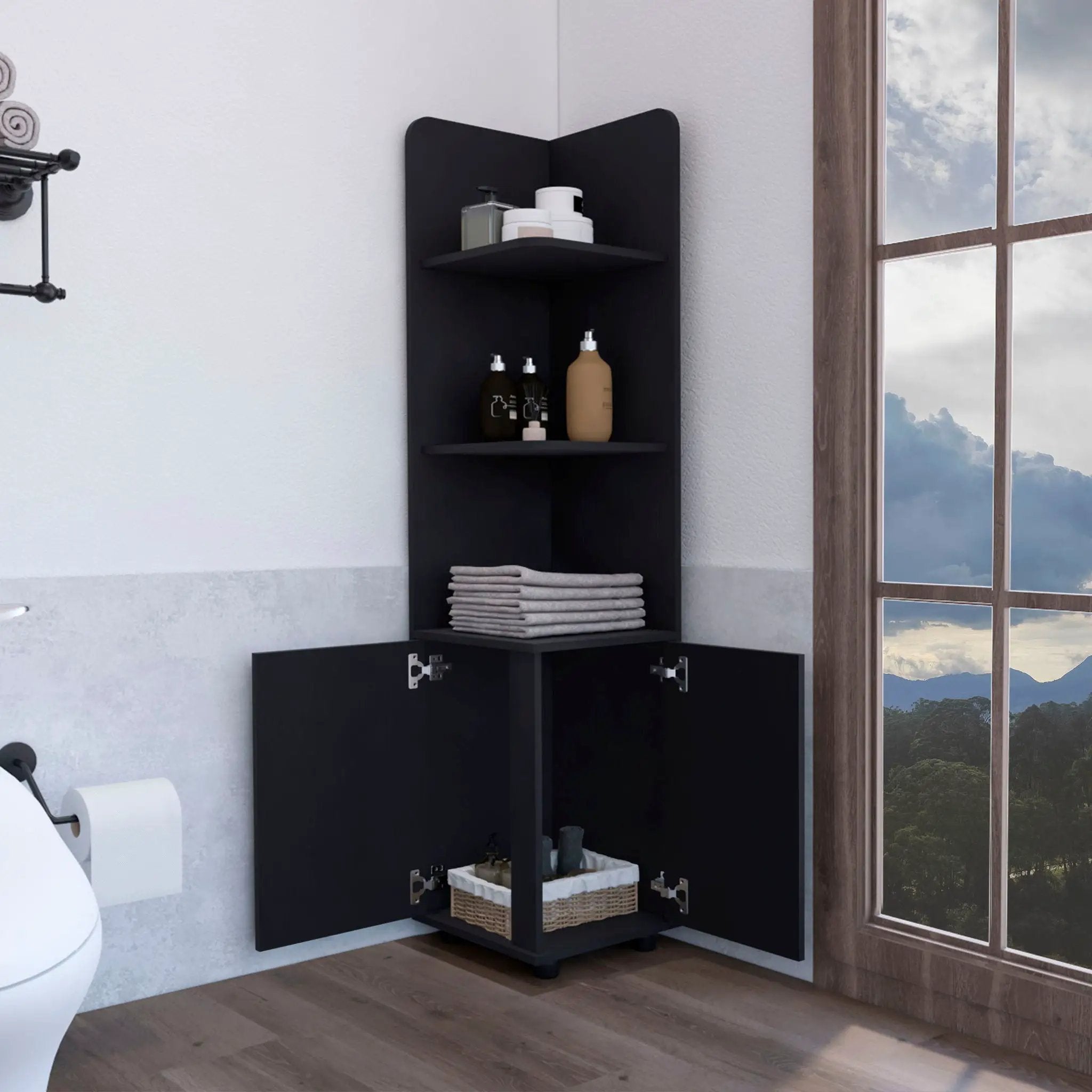 Corner Cabinet Tall With 3 Tier Shelf And 2 Door - Black by HouseOfZazla
