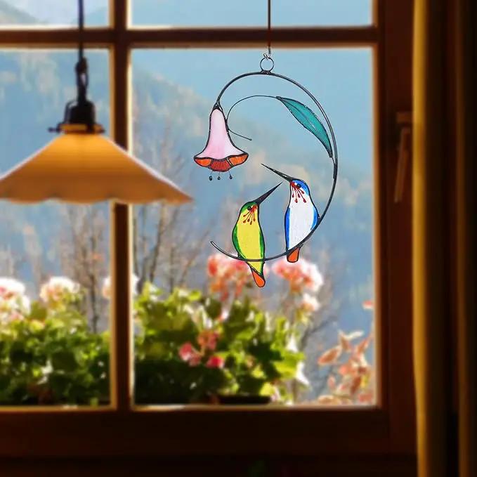 Lolitarcrafts Hummingbird with Flower Stained Glass Suncatcher Bird Stained Glass Window Hangings Hummingbird Gift for Home Decor (Green and Blue) by GreenHaven Gardens