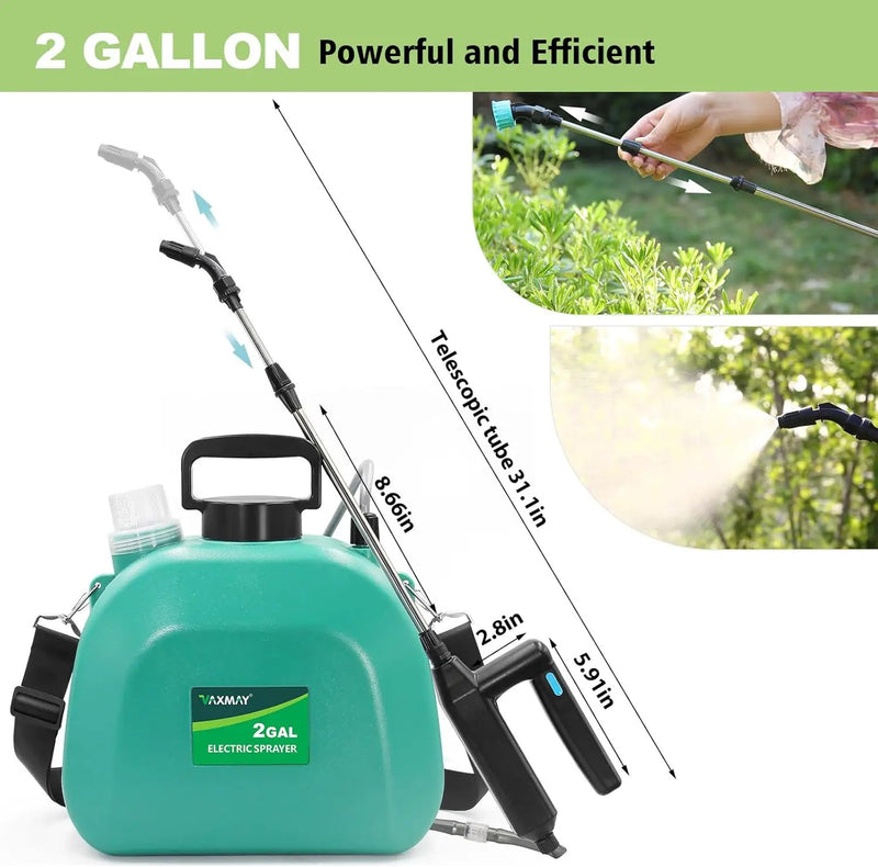 Battery Powered Sprayer 2 Gallon, Upgrade Powerful Electric Garden Sprayer with 3 Mist Nozzles, Rechargeable Handle, Retractable Wand, Adjustable Shoulder Strap for Lawn,Garden,Cleaning by GreenHaven Gardens
