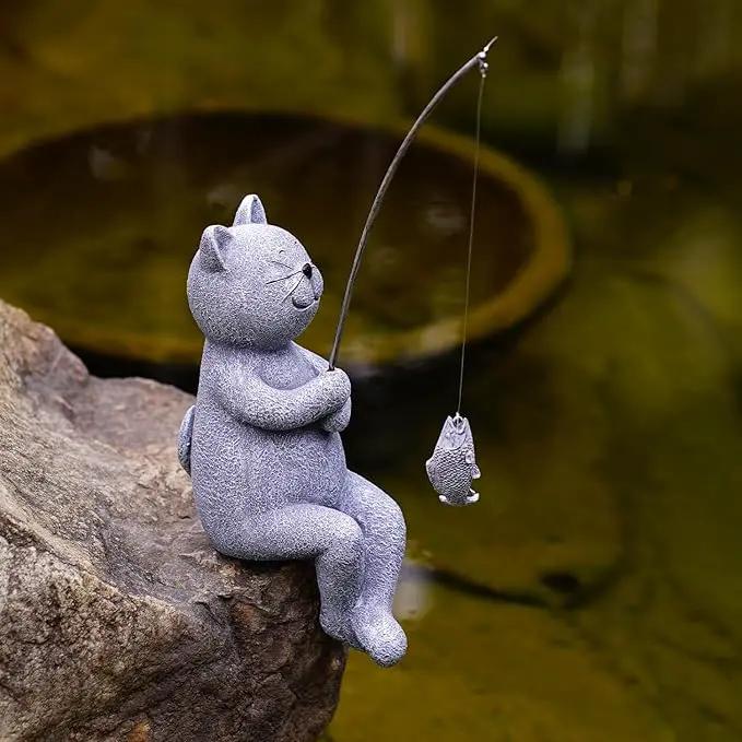 Goodeco Fishing Cat Garden Statue – 10" Little Cat Fisher for Garden Pond Decor, Poolside Statue with Glow in Dark Pebbles Included,Great Gifts for Mom, Women & Birthdays (Cat) by GreenHaven Gardens