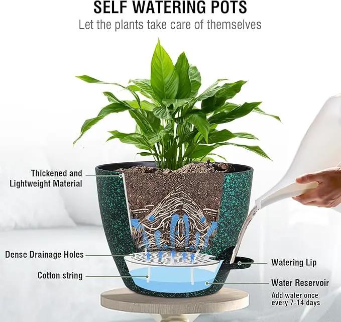 10 inch Self Watering Hanging Planters, 2 Pack Hanging Flower Pots for Indoor Outdoor Plants, Hanging Baskets with Drainage Holes & 2 Kinds of Plant Hangers for Home Decor, Speckled Black by GreenHaven Gardens