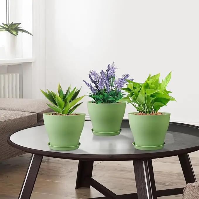 6 inch Plastic Nursery Pots, Seedling Pots, 16 Pack Plant Pots for Small Indoor Outdoor Plants, Flower Pots with Drainage Holes and Saucers, Decorative Planters for House Plants, Green by GreenHaven Gardens