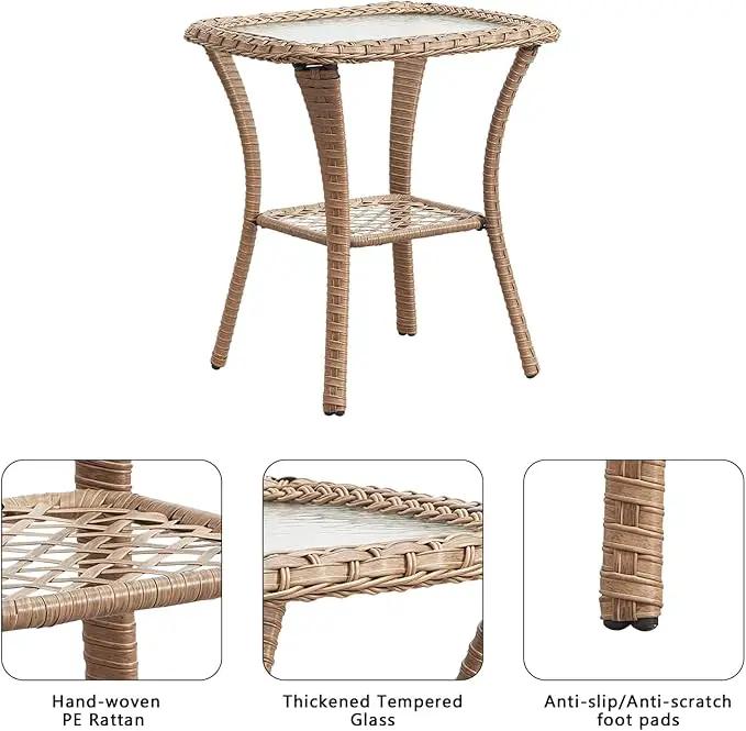Patio Tables Wicker Side Table - Rattan Coffee Tables with Glass Top End Table for Outdoor Outside Patio Porch Square Yellow by GreenHaven Gardens