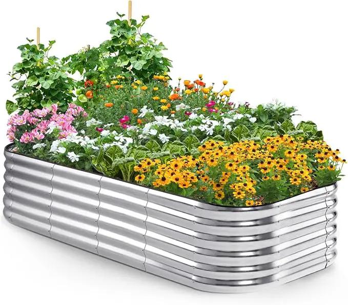 Quictent Raised Garden Bed Kit Oval Galvanized Metal Planter Box Tall for Vegetables Outdoor Backyard, Rubber Strip Edging Included, Silver 6x3x1.5 ft by GreenHaven Gardens