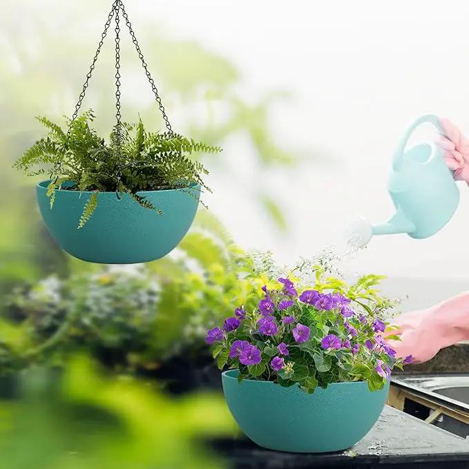 10 inch Hanging Planters for Outdoor Indoor Plants with Drainage Holes and Chain, 2 Pack Round Hanging Flower Pots for Garden Home Porch Decor, Blue Green by GreenHaven Gardens
