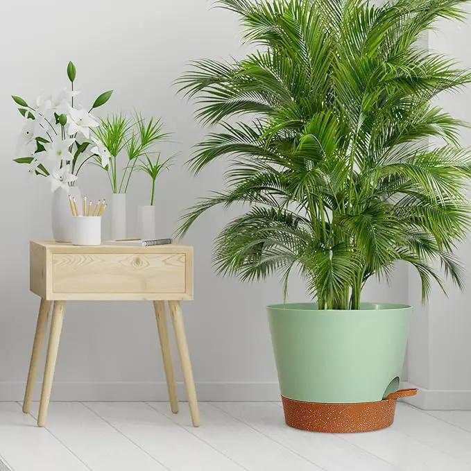 12 inch Large Self Watering Pots for Indoor Outdoor Plants, Flower Plant Pots with Drainage Holes for Garden House Plants, Plastic Planters with Reservoir for Home Plants, Green with Brown by GreenHaven Gardens